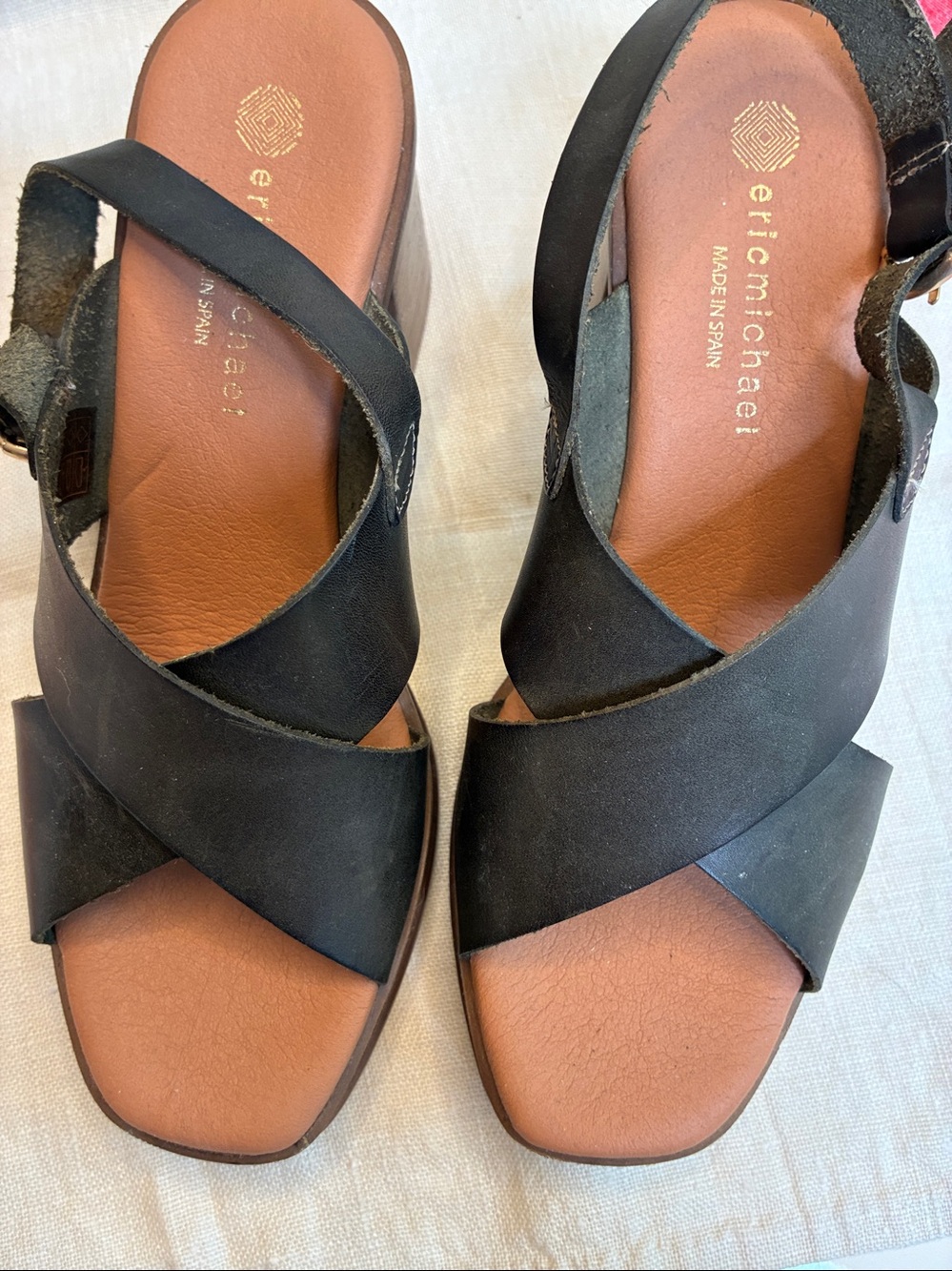 Eric Michael Army Green  Leather Crisscross Slingback Sandals with Block Heels